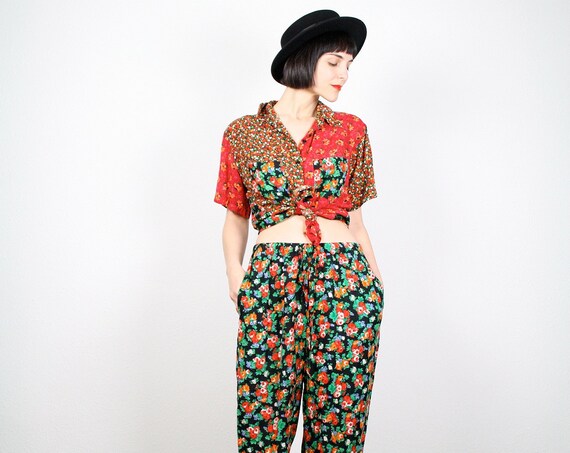 Vintage Red Black Pants Set Shirt Top Outfit by ShopTwitchVintage