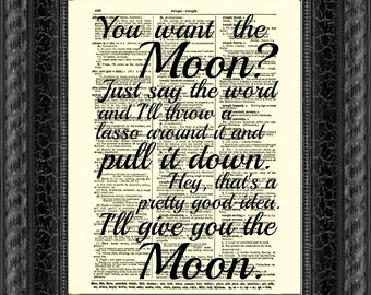 Lasso the Moon, It's a Wonderful Life Quote Printed On An Upcycled 1897 Dictionary Page Art Print Christmas Wall Decor Valentine's Day