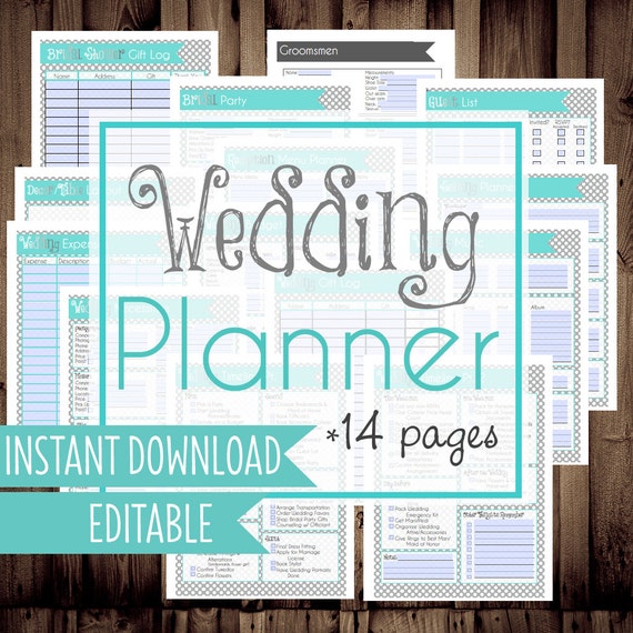 Wedding Planner, DIY Wedding Binder, Wedding Planner Printables, Letter Size, 14 Pages, Instant Download, Editable/Fillable, BLUE