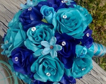 Malibu Blue & Royal Blue Rose Wedding Bouquet, Malibu Blue Bouquet, Royal Blue Turquoise Bouquet, Royal Blue Bouquet, Turquoise Bouquet