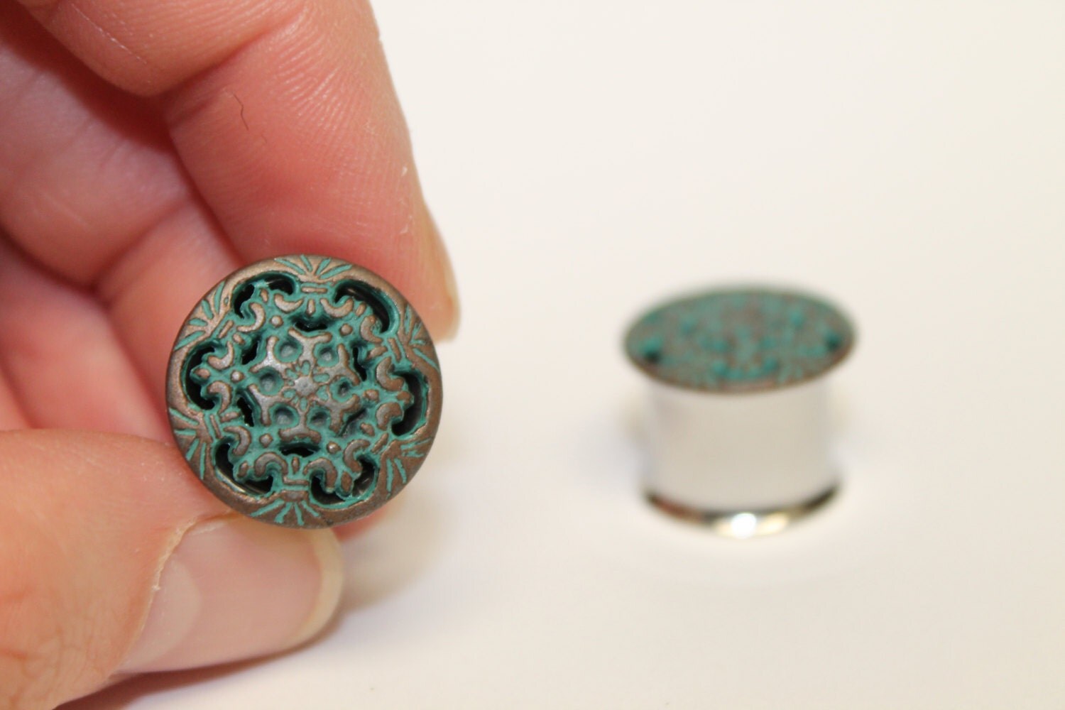 ALMOST GONE Vintage Style Green and Copper Snowflake Plugs