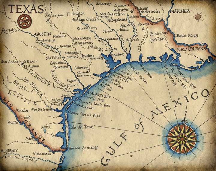 Texas Coast Map Art c.1847 11 x 14 Texas