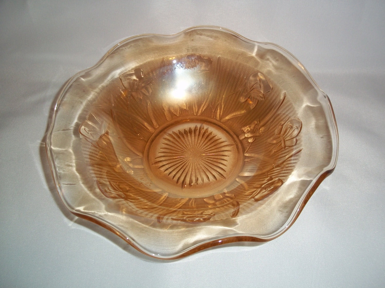 Glass Iris and Herringbone Iridescent Carnival Glass 9 1/2
