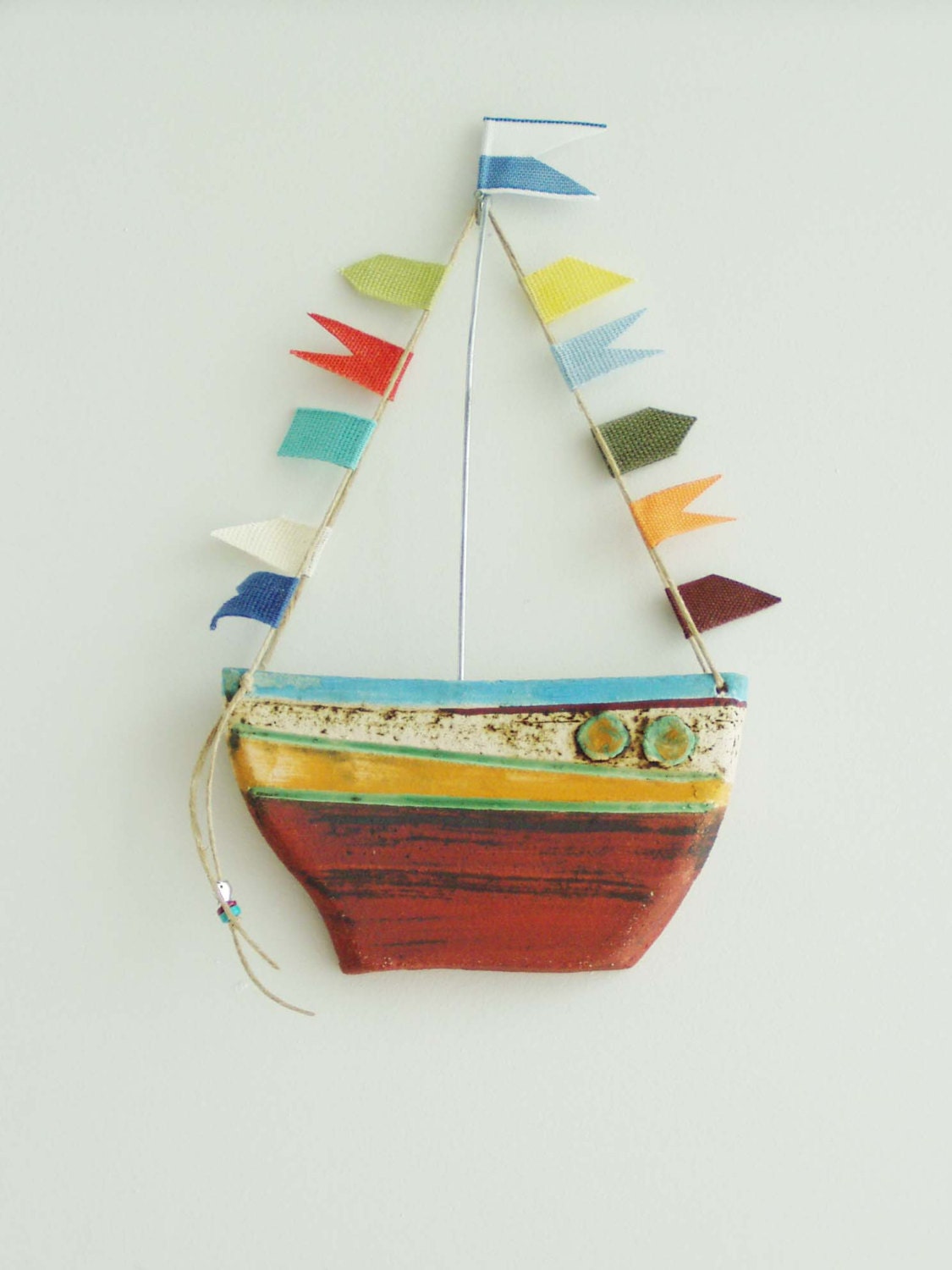 Ceramic boat wall hanging colourful rustic Greek boat with