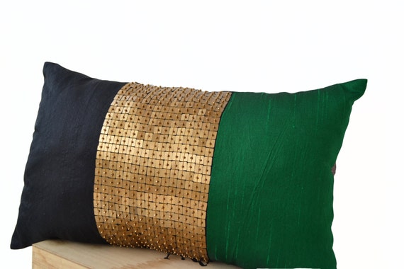 Throw Pillow Black-Emerald Green-Gold color block
