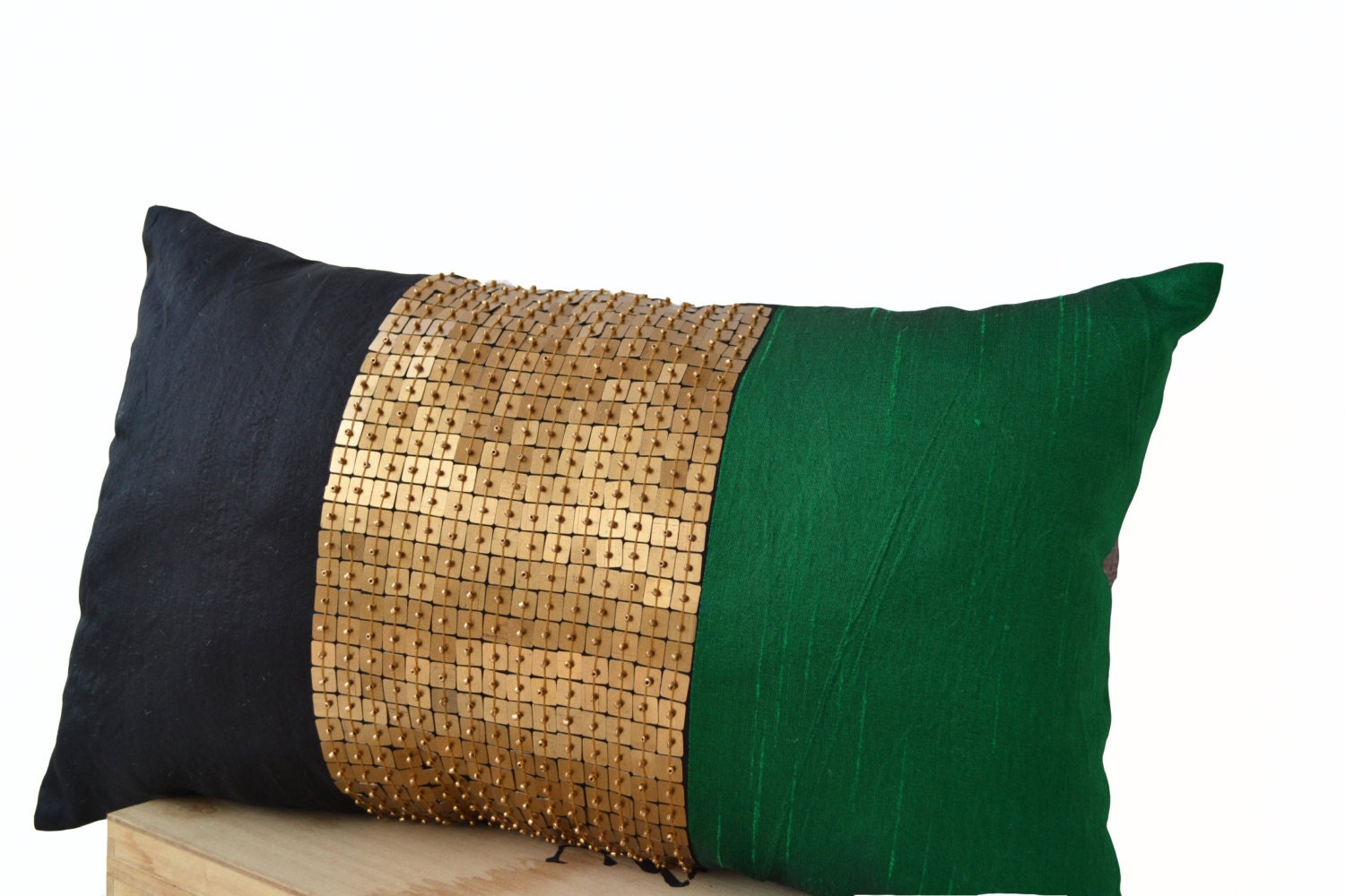 Throw Pillows Emerald green black gold color block in silk