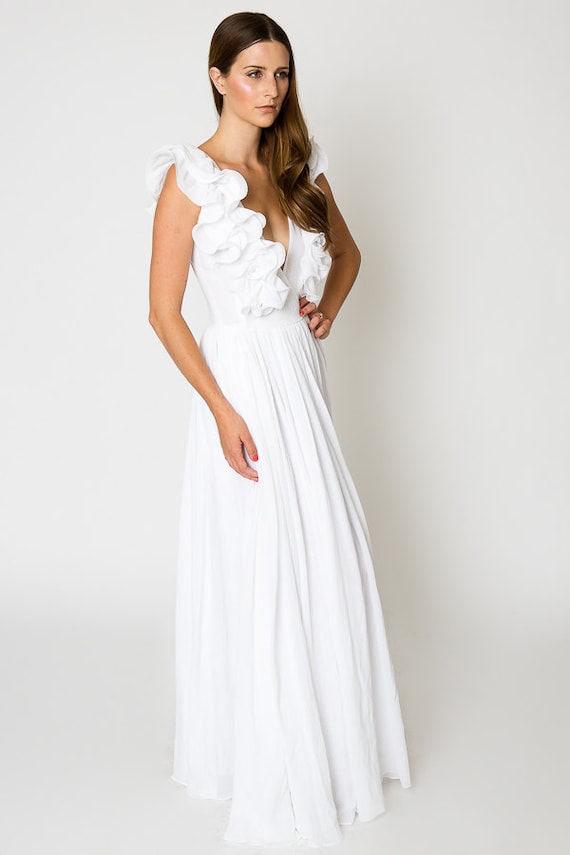 white ruffle BOHEMIAN WEDDING gauze maxi DRESS / beach wedding