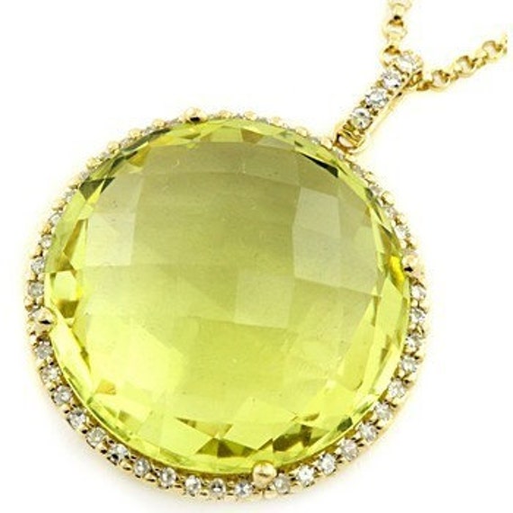 Lime Green Lemon Quartz & Diamond Necklace Pendant 14k Yellow