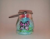 Small decorative votive candle holder, Pink and yellow butterflies, Includes pink votive candle