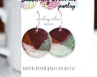 Handmade Enamel Earrings Glass on Copper, Green Brown Cream, Handmade Sterling Silver Ear Wires, Earthy, Torch Fired Enamel Earrings