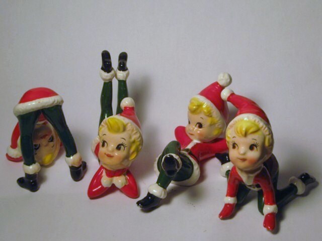 Rare Vintage Christmas Santa Pixie Elf Girls 4 Poses Porcelain 8395