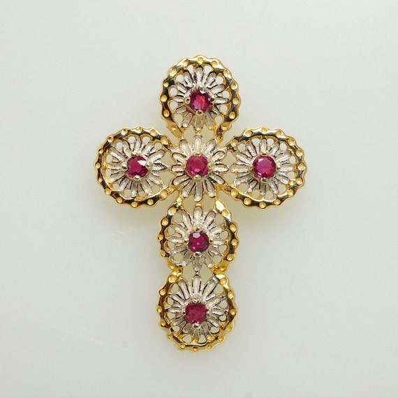 SALE Vintage 14k Yellow & White Gold Ruby Cross Pendant