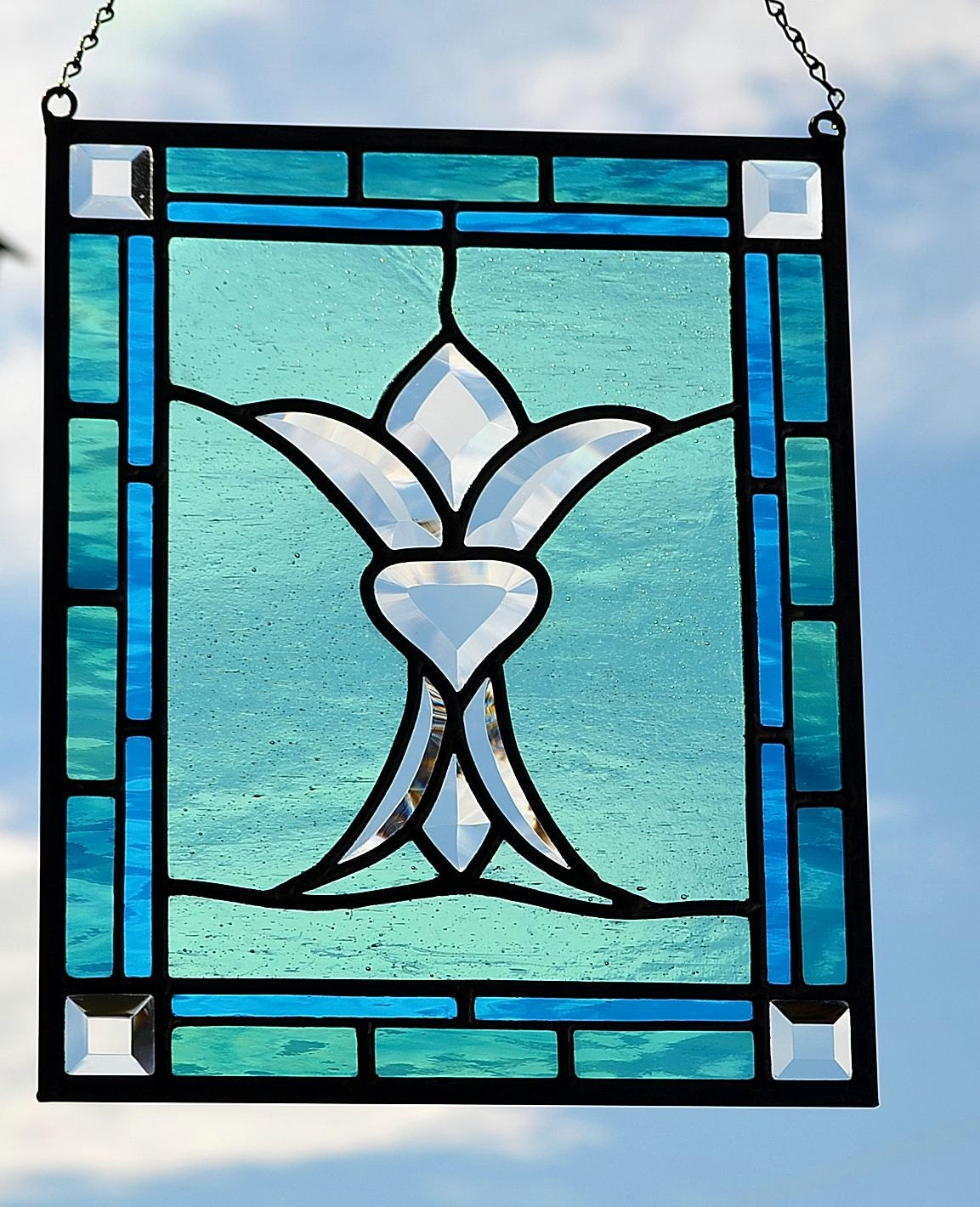 Stained Glass Hanging Window Panel Of A Stylized Fleur De 