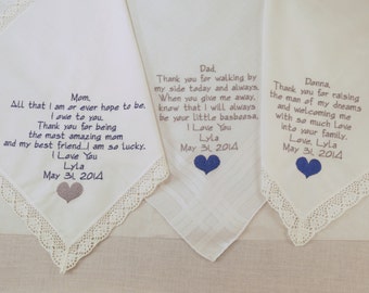 Mother of the Bride Father of the Bride Mother of the Groom Embroidered Wedding Handkerchiefs set of 3 Personalized hankerchiefs gifts