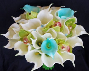 Silk Flower Wedding Bouquet - Aqua Turquise Mint Blue and Green Calla Lilies and Orchids Natural Touch Silk Bridal Bouquet