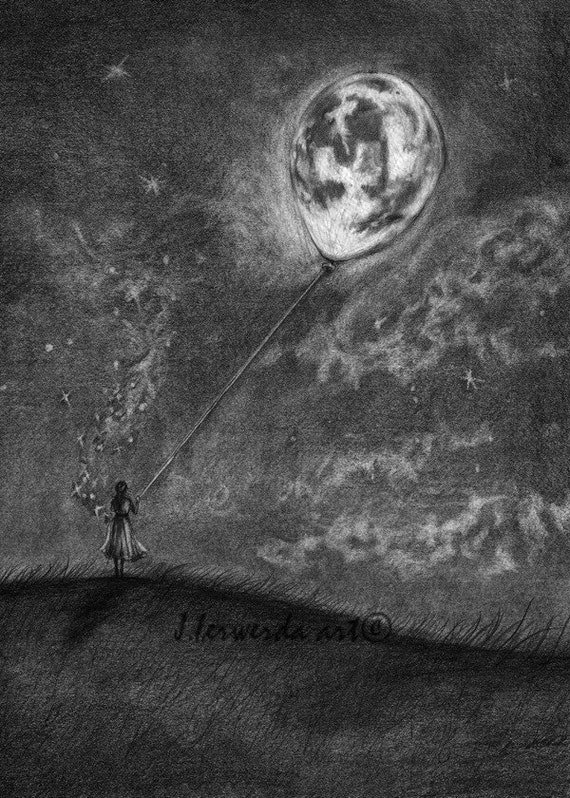 Pencil Drawing Print Moon On A String Day 178