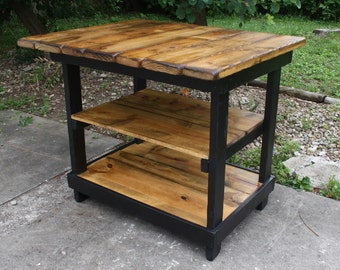 KITCHEN ISLAND BAR Multi Functional Tall Table Burnt Golden Oak & Kettle Black W Center Shelf 36x43x38h Custom Sizes Colors Available