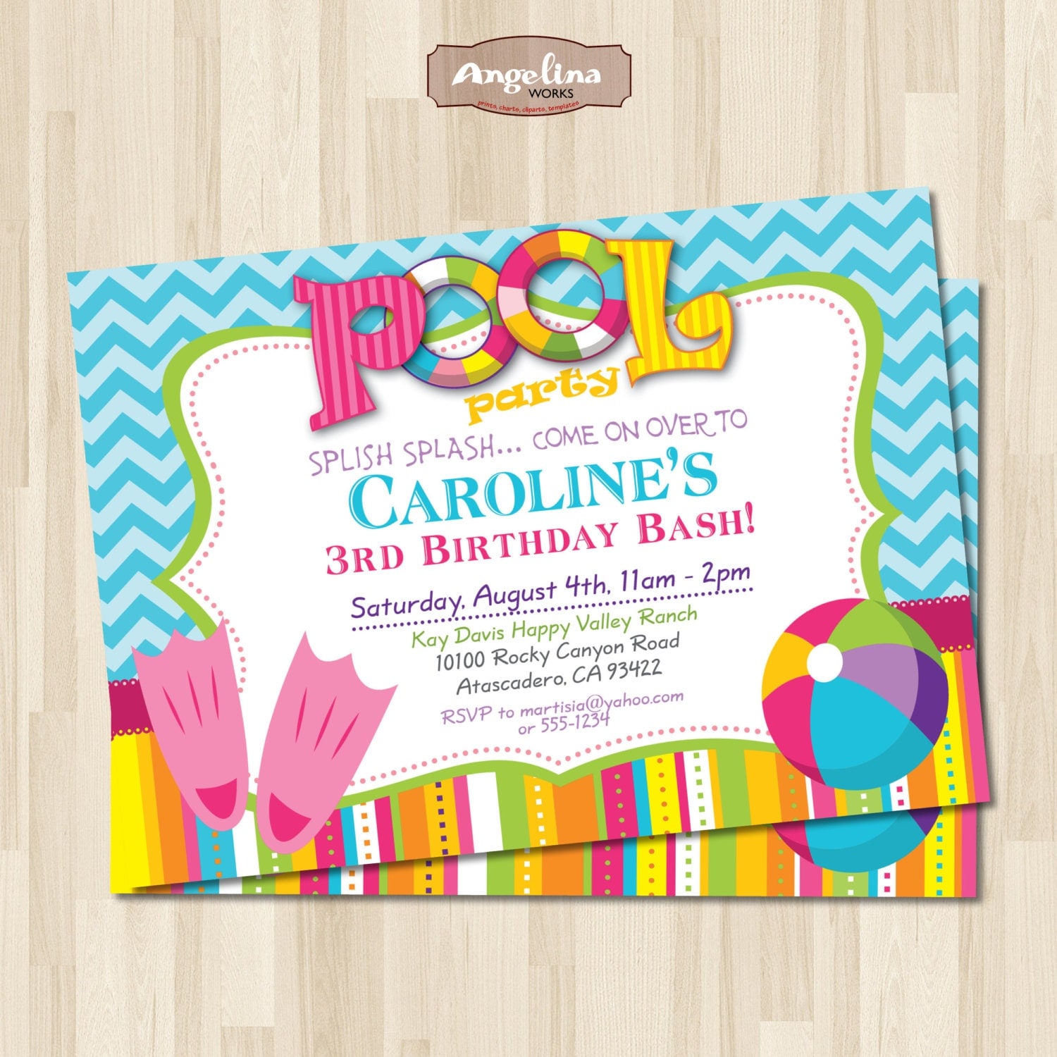  Pool  party  Birthday  Invitation  DIY card Digital Printable