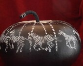 Whimsical Handpainted Black and White Zebra Carousel Decorative Gourd with Wrapped Stem and Zebra Bead