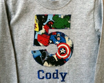 AVENGERS BIRTHDAY Shirt. Kids Appliquéd Personalized T-shirt. Marvel, Captain America, Hulk, Iron Man, Spider-Man, Thor PARTY