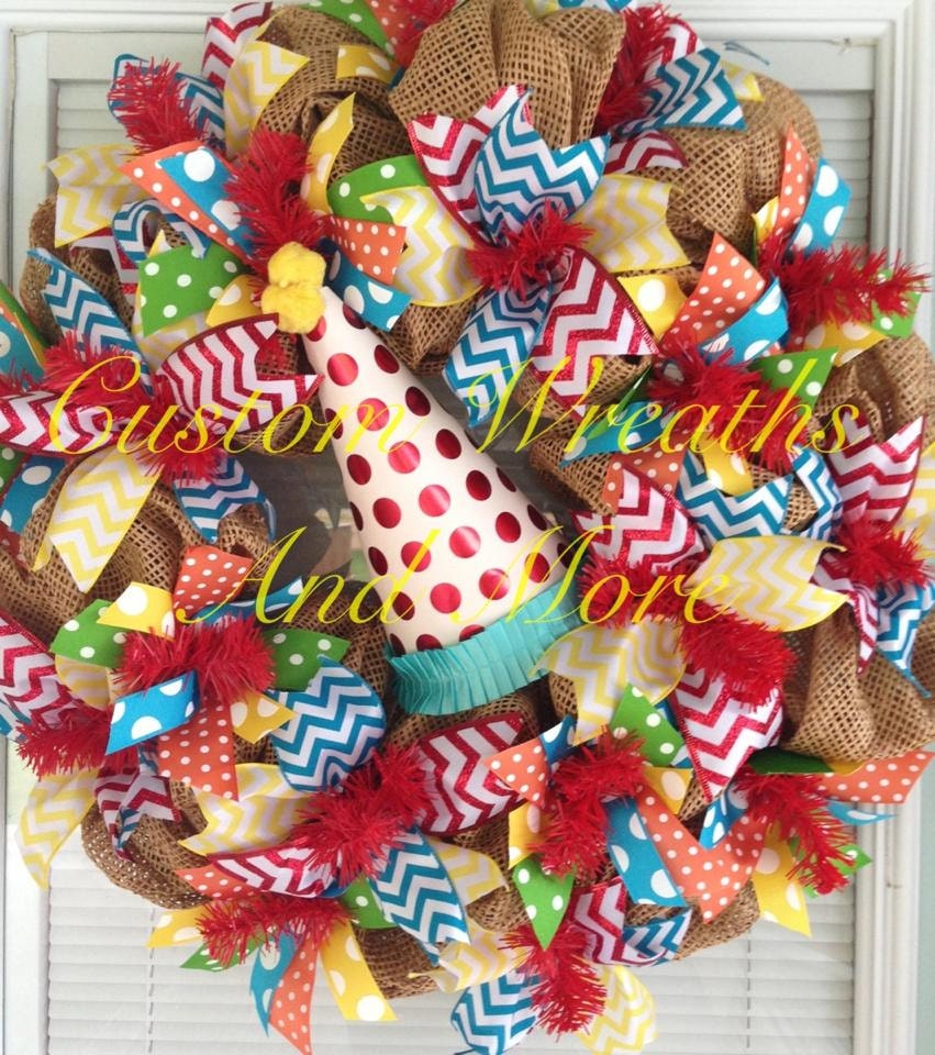 Happy Birthday wreath  with mesh burlap and chevron in primary