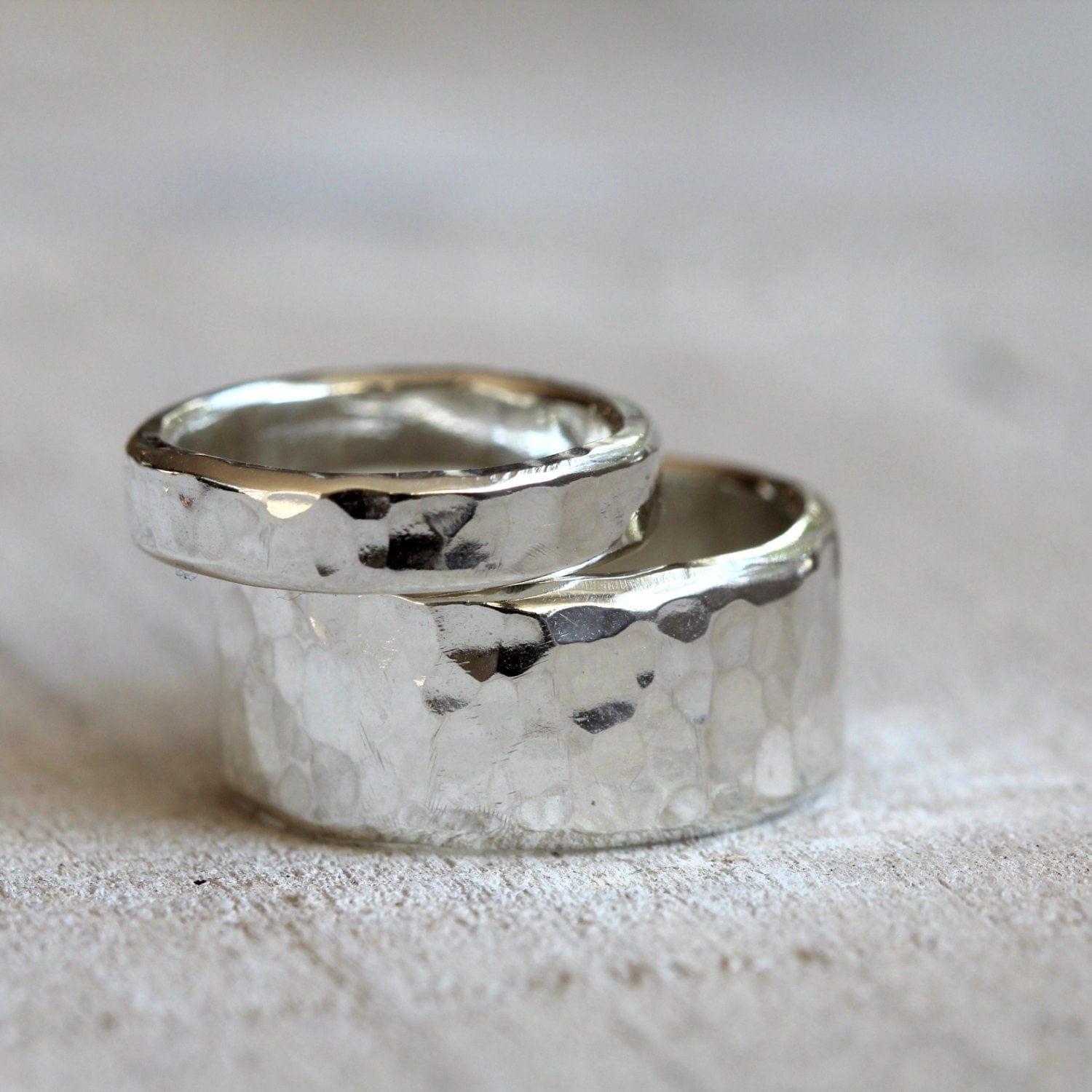 Wedding ring set sterling silver hammered rings