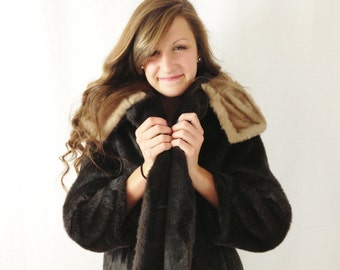 1960s Faux Fur Coat - Fur Collar Coat - Large - Long Fur Coat - Mod Coat - Mad Men Coat - Brown Fur Coat - Fall or Winter Coat