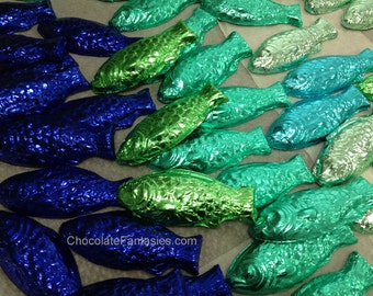 Foil Chocolate Fish, Assorted Flavors & Foils, 1 pound bulk box, approx 15 pcs.