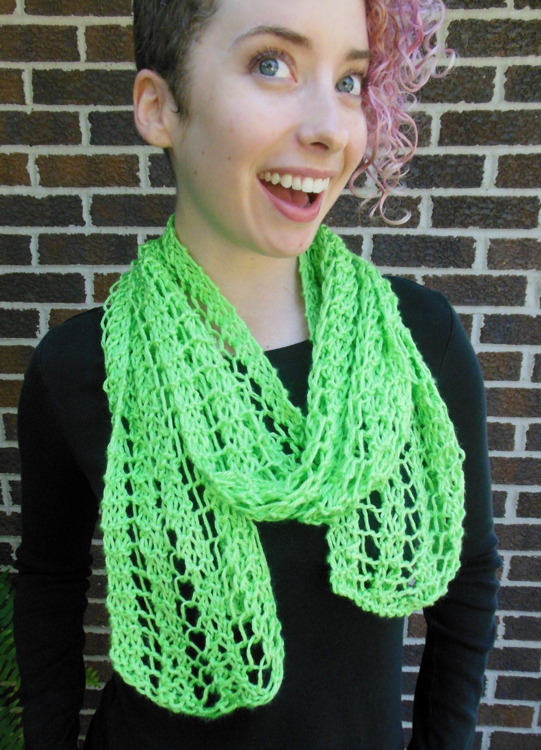 Lime Green Scarf Hand Knit Lacy Open Weave Light Weight