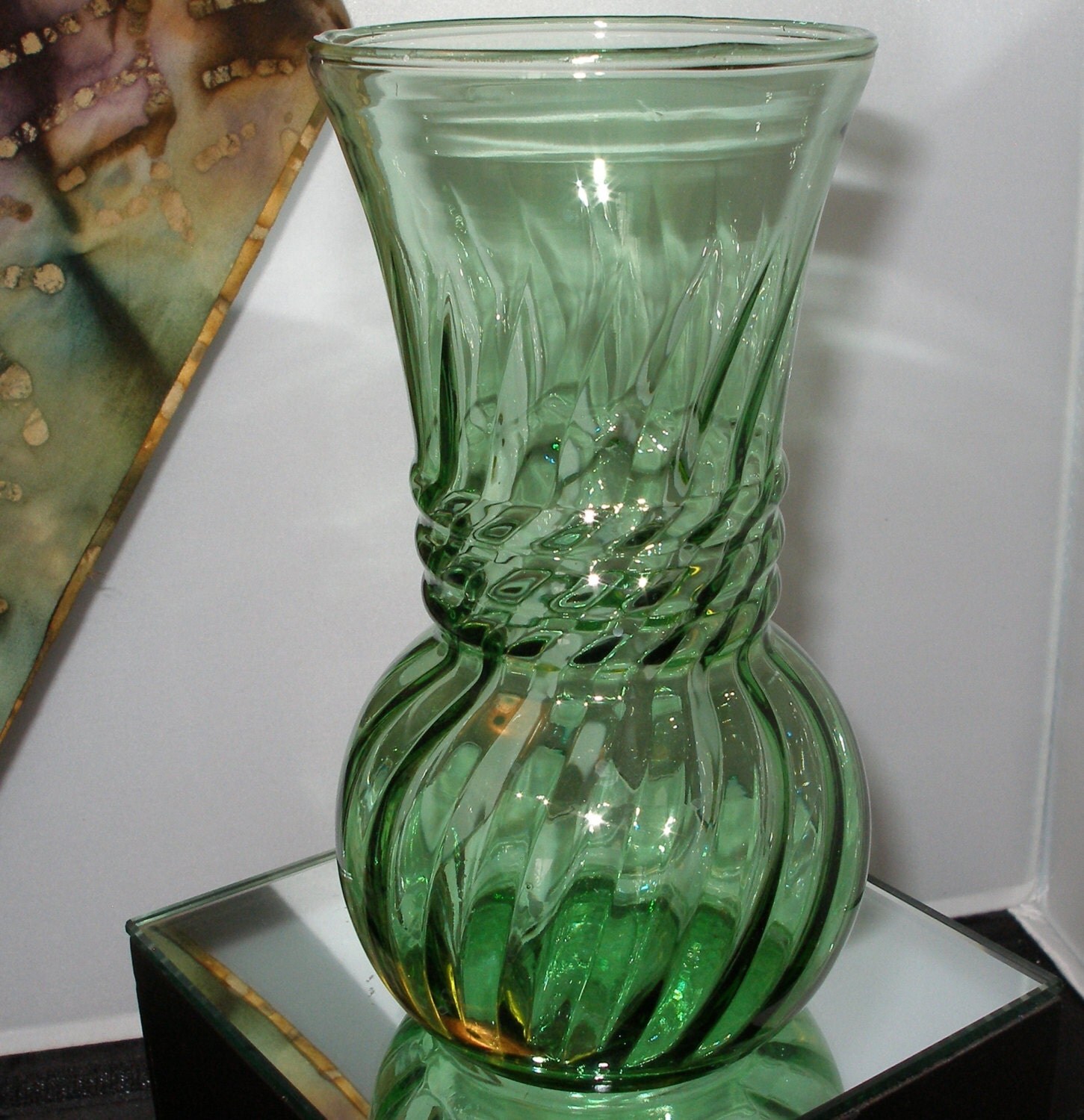 Vintage 50s Green Glass Optic Swirl Vase 5311