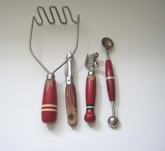 SALE: Vintage 1950s A&J Red Handled Kitchen Utensils