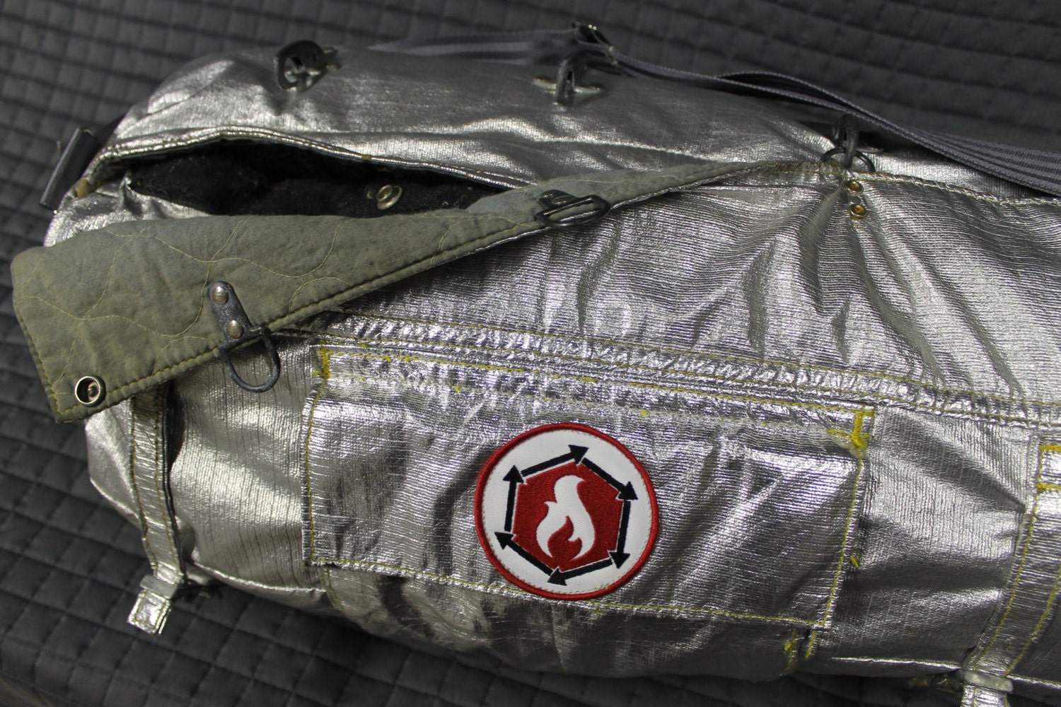 duffle bag made from recycled proximity firefighter gear