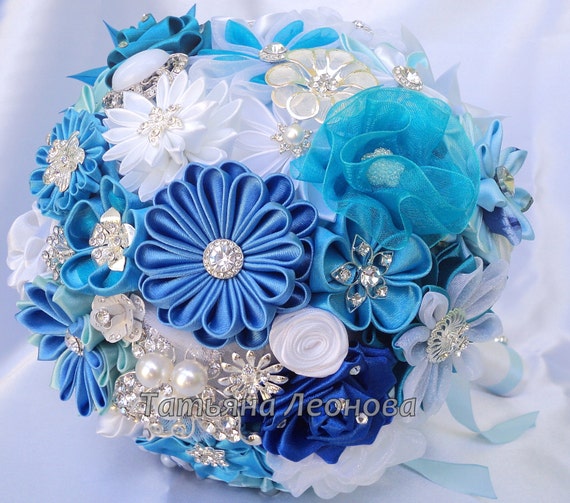 Fabric Wedding Bouquet, brooch bouquet "Blue Lagoon", Blue, Turquoise, White and Royal blue