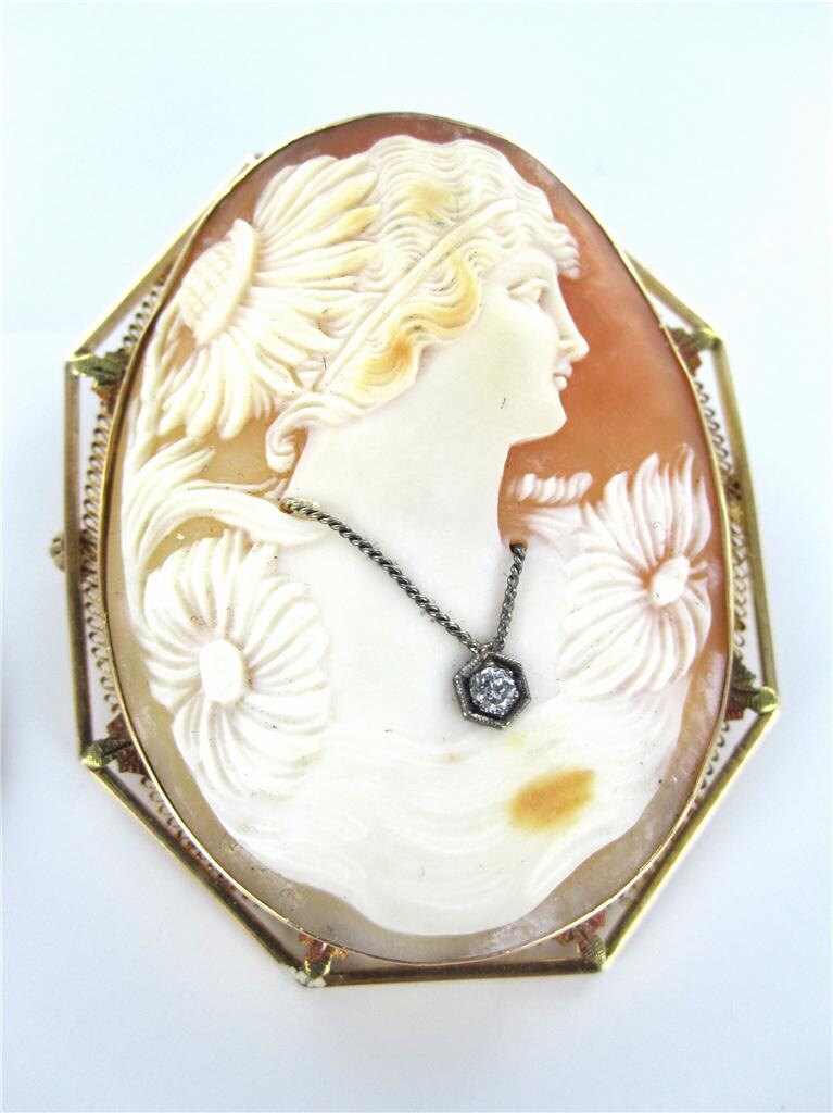 14kt 14k gold cameo pin brooch antique filigree lady shell