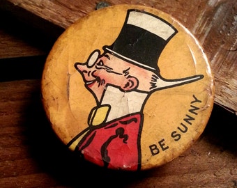 Antique Sunny Jim 'Be Sunny' Pin Back - Antique Celluloid Pin Back Premium