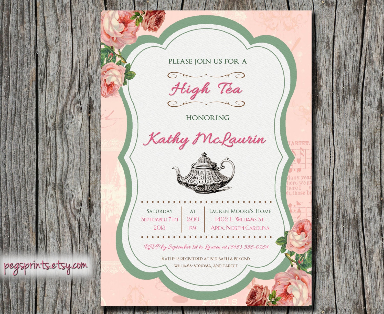 High Tea Invitation Pink Roses Printable by PegsPrints on Etsy