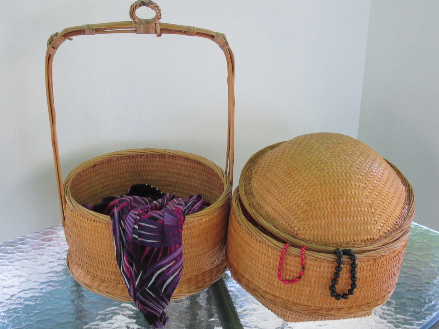 Wicker Baskets Two Large Stackable Baskets with Domed Lid and