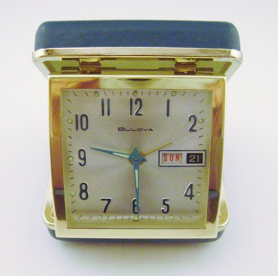 Vintage Bulova 3M Blue Leather Wind Up Travel Alarm Clock with