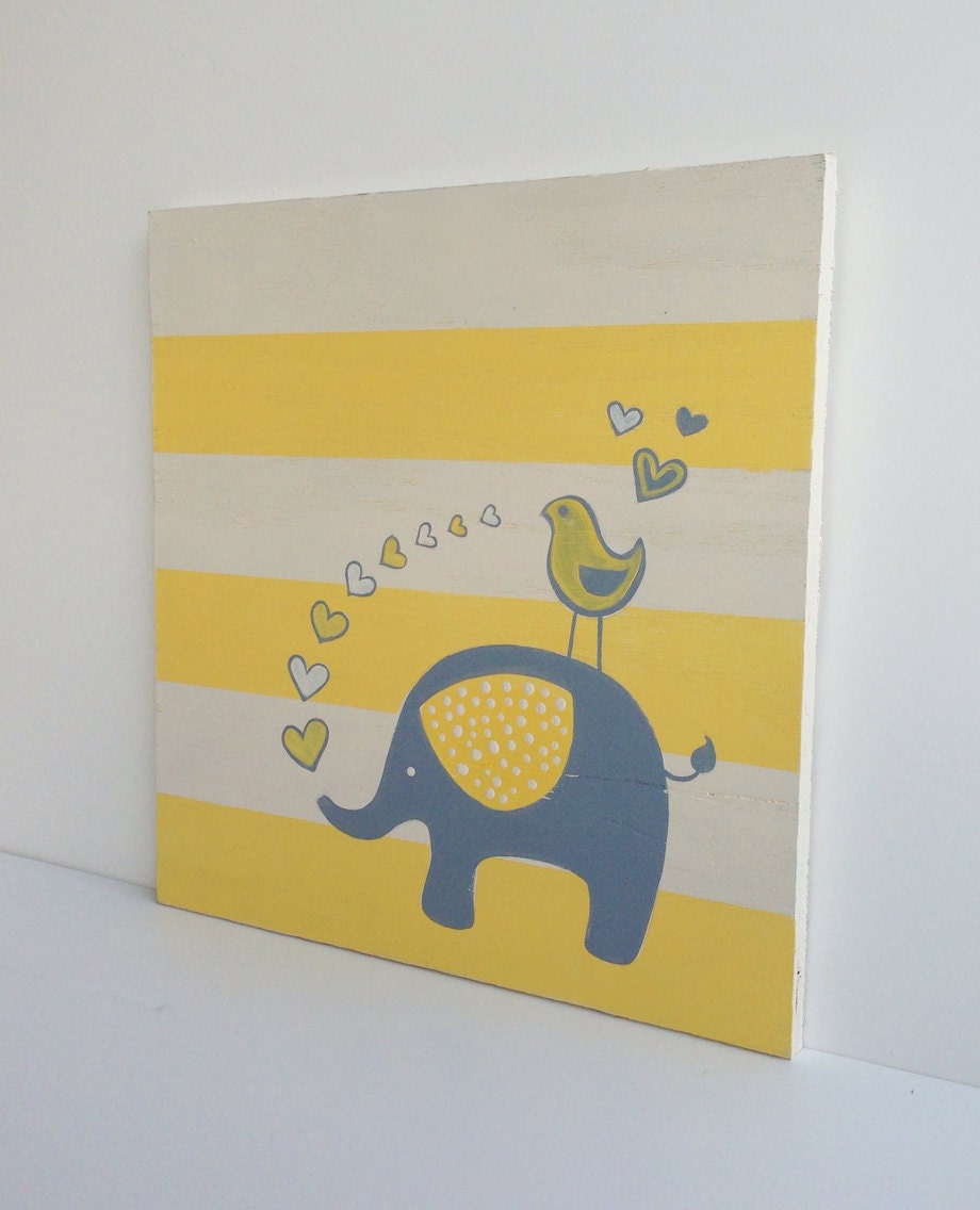 Hand painted Yellow and Gray Elephant Nursery Decor Gray and