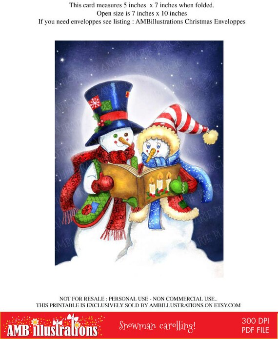 Printable Christmas cards DIY instant download - Snowmen carolling AMB-627 Il_570xn