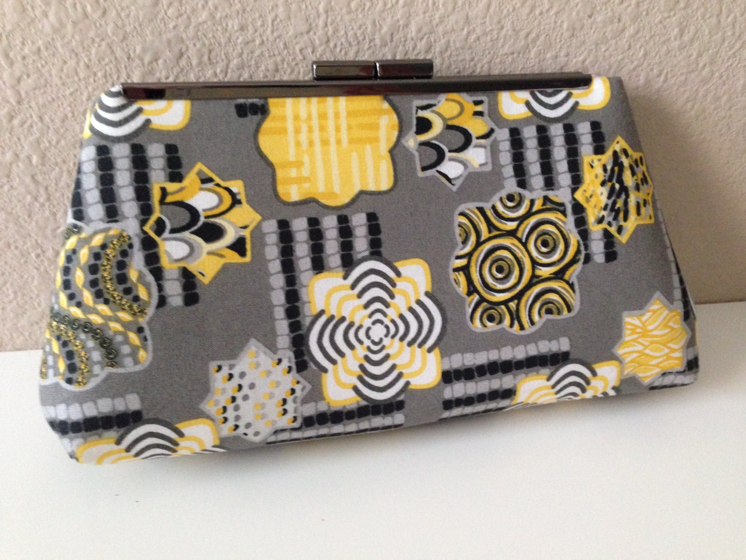 Yellow Gray Retro Metal Frame Clutch by WandaLopezDesigns on Etsy