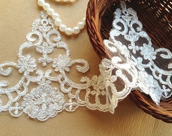 Retro luxury Embroidery Lace Ivory Alencon Lace Trim with Silver Thread for Bridal Wedding Gown Supplies