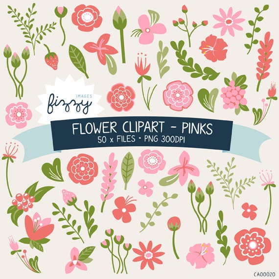 PNG: 50 x Flower Clipart in Pink Digital files PNG 300dpi