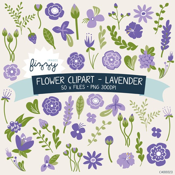 PNG: 50 x Flower Clipart in Lavender Purple Digital files