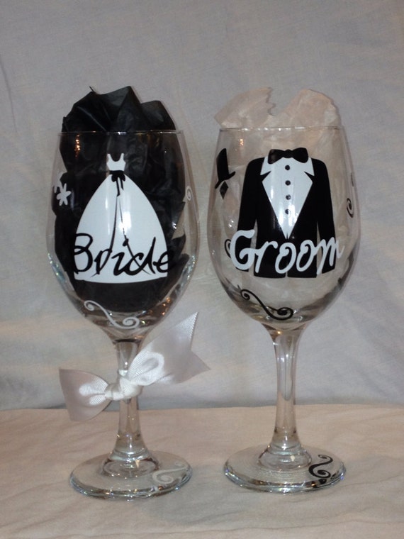 Set of Bride and Groom Wine Glasses