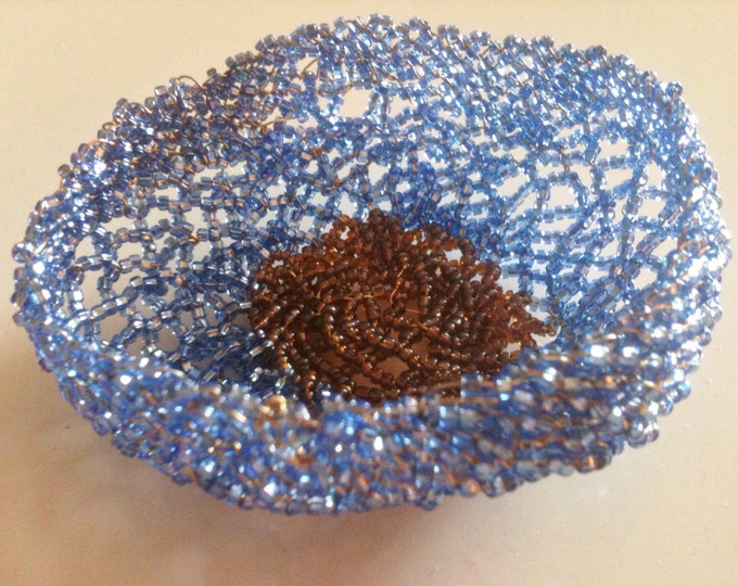 beaded blue and brown wire basket