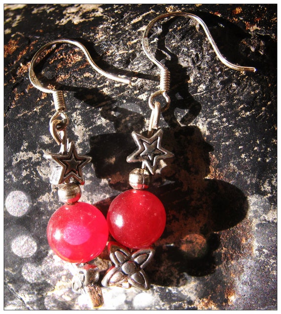 Handmade Silver Earrings with Red Jade, Star & Flower by IreneDesign2011