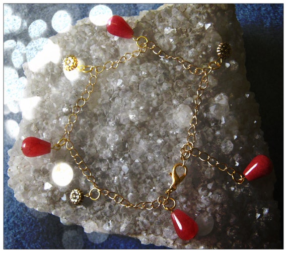 Handmade Gold Anklet with Cherry Quartz Drops & Flowers by IreneDesign2011