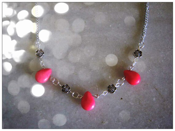 Handmade Silver Necklace with Pink Howlite Drops & Roses by IreneDesign2011