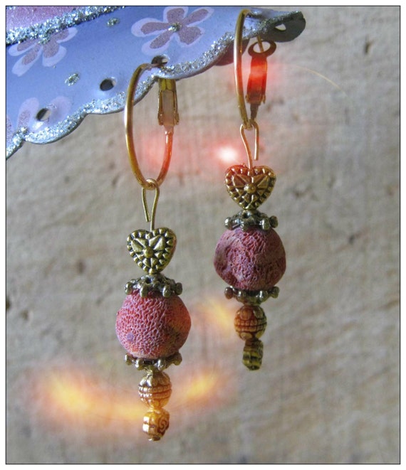 Handmade Gold Hoop Earrings with Red Bubble Coral and Heart by IreneDesign2011